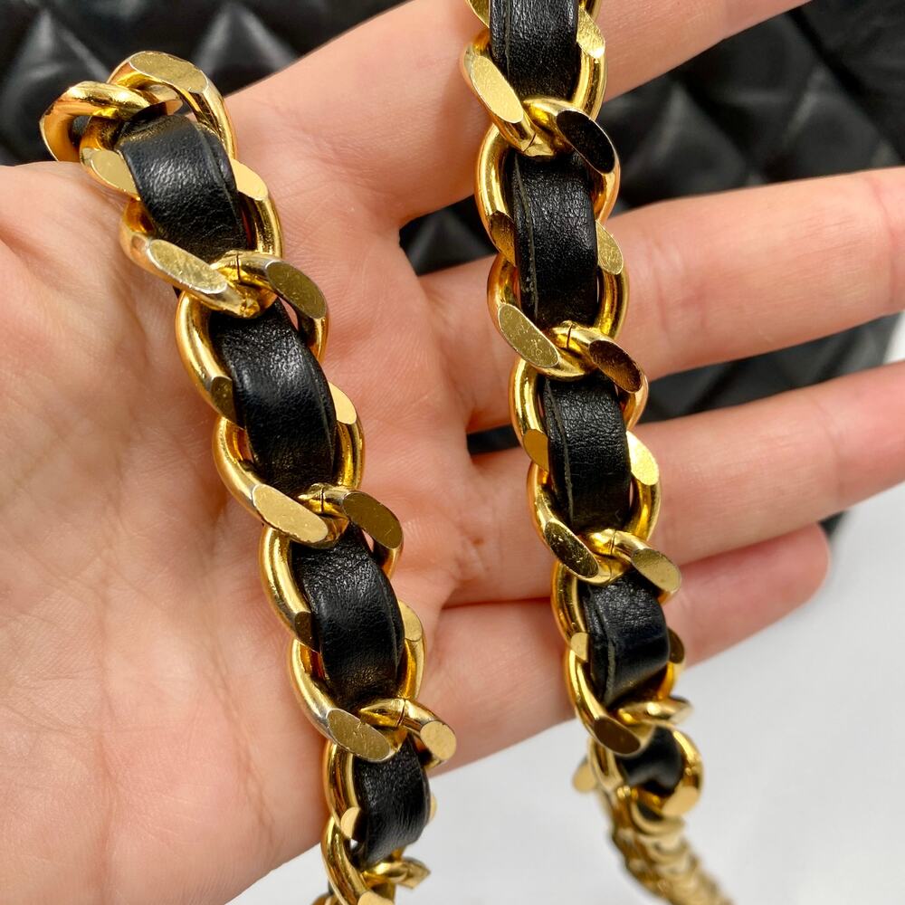 Chanel Vintage Quilted Tote Bag Black Leather Shoulder Shopper chain 24kt - Picture 6 of 15